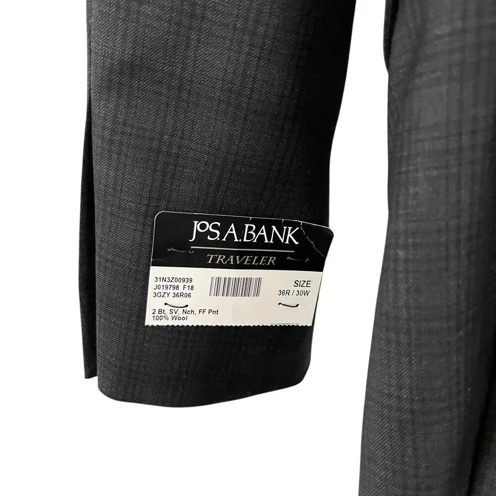 Jos. A. Bank Traveler Brown Wool Plaid Two Piece Suit Set Men’s Size 36R/30W NWT